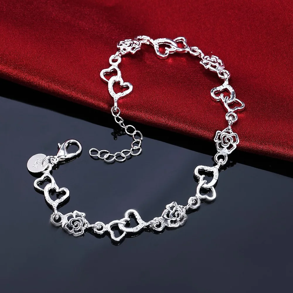 Beautiful 925 Sterling Silver Bracelet for Women Bracelet HEART Lovely Flower Chain Fashion Wedding Party Cute Lady Nice Jewelry