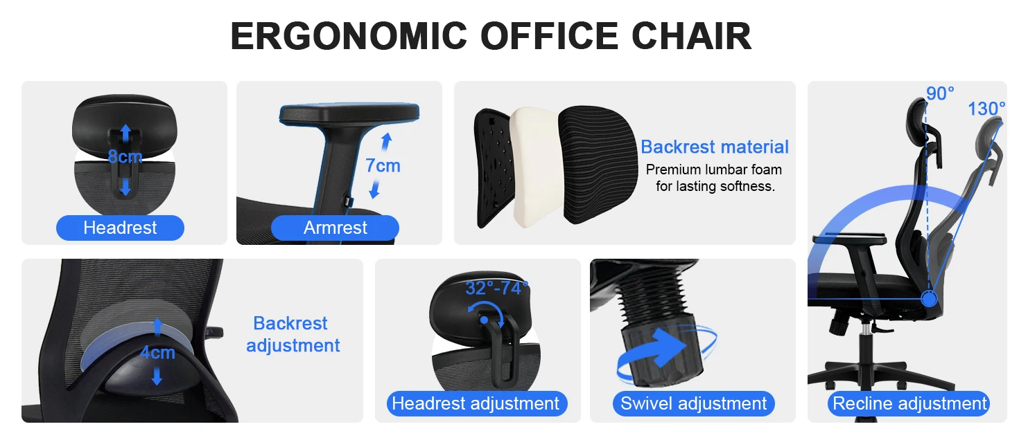 Durrafy Ergonomic Office Chair High Back Adjustable Armrests Lumbar Support 90°-130° Tilt Lockable Mesh Computer Chair Black