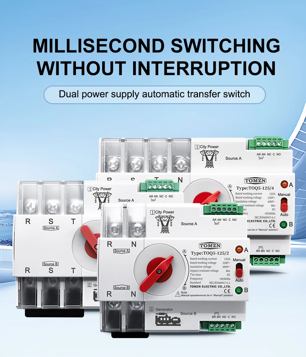TOMZN Din Rail 2P 3P 4P ATS Dual Power Automatic Transfer Switch Electrical Selector Switches Uninterrupted Power 63A 100A 125A