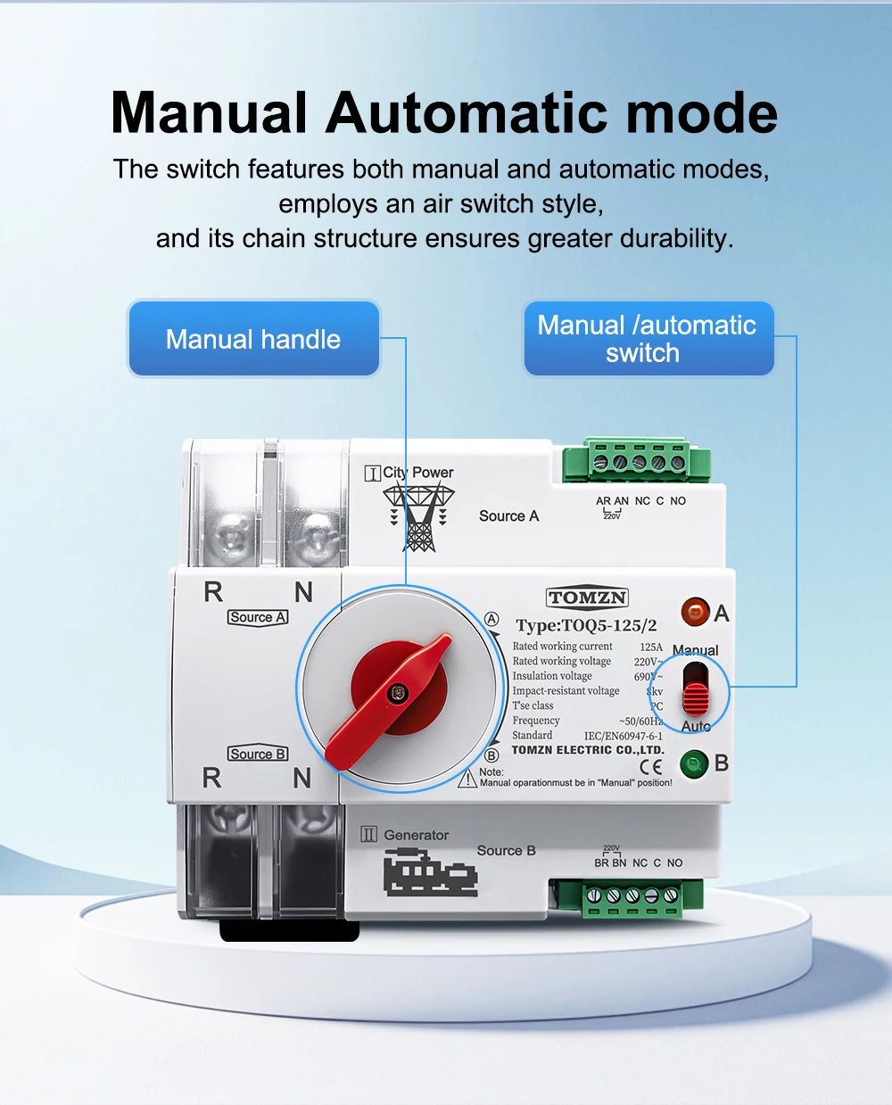 TOMZN Din Rail 2P 3P 4P ATS Dual Power Automatic Transfer Switch Electrical Selector Switches Uninterrupted Power 63A 100A 125A