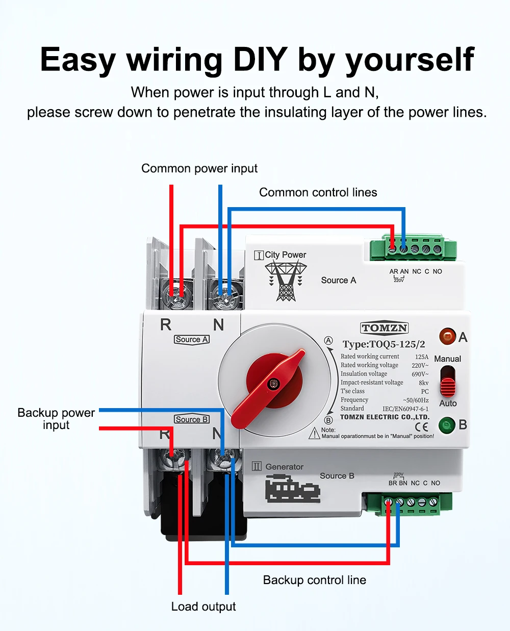 TOMZN Din Rail 2P 3P 4P ATS Dual Power Automatic Transfer Switch Electrical Selector Switches Uninterrupted Power 63A 100A 125A
