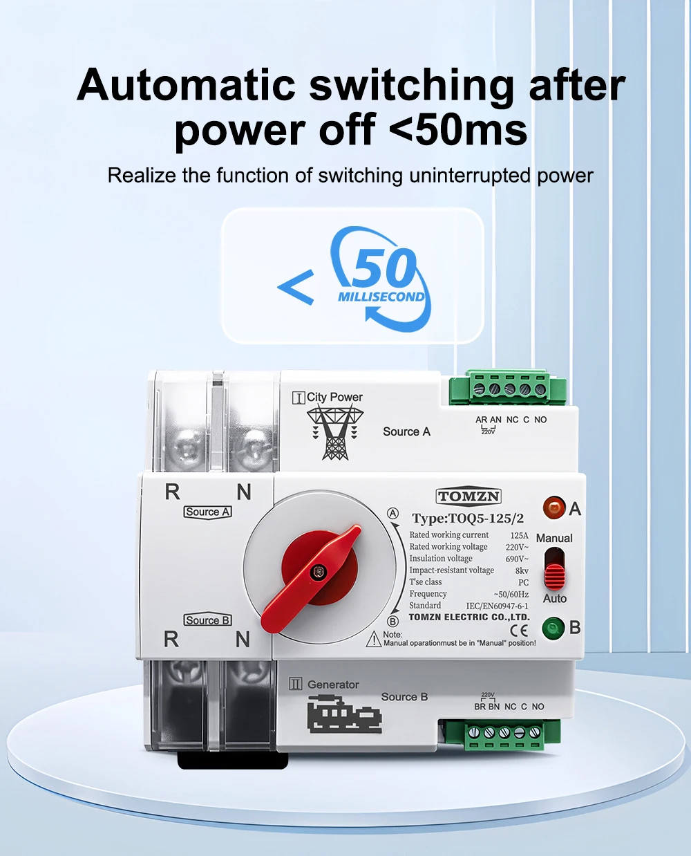 TOMZN Din Rail 2P 3P 4P ATS Dual Power Automatic Transfer Switch Electrical Selector Switches Uninterrupted Power 63A 100A 125A