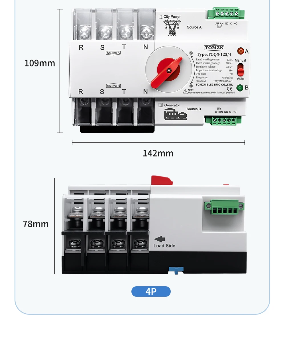 TOMZN Din Rail 2P 3P 4P ATS Dual Power Automatic Transfer Switch Electrical Selector Switches Uninterrupted Power 63A 100A 125A