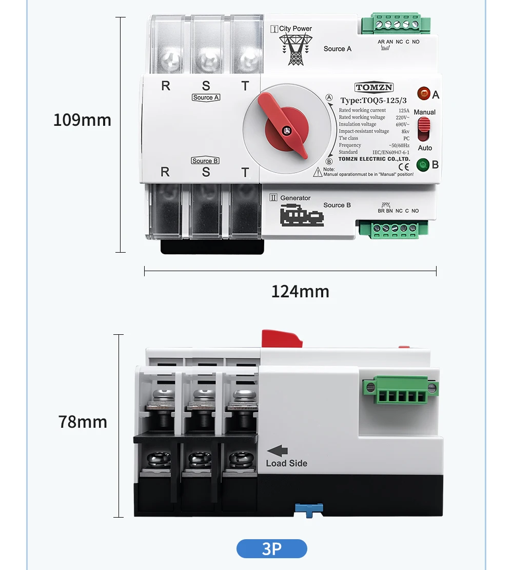 TOMZN Din Rail 2P 3P 4P ATS Dual Power Automatic Transfer Switch Electrical Selector Switches Uninterrupted Power 63A 100A 125A