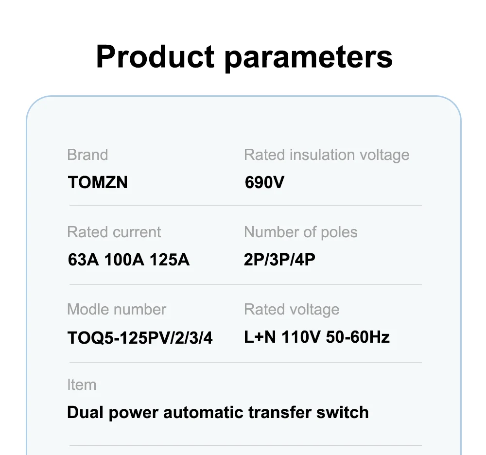 TOMZN Din Rail 2P 3P 4P ATS Dual Power Automatic Transfer Switch Electrical Selector Switches Uninterrupted Power 63A 100A 125A