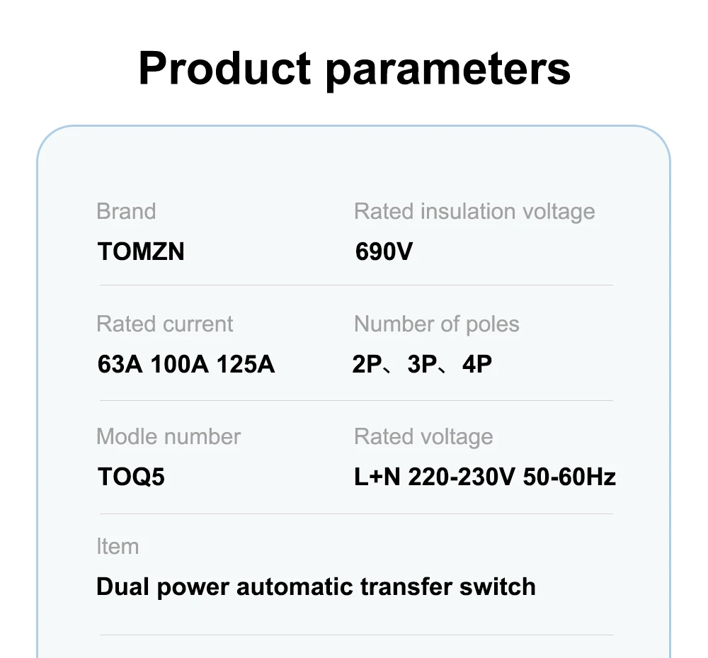 TOMZN Din Rail 2P 3P 4P ATS Dual Power Automatic Transfer Switch Electrical Selector Switches Uninterrupted Power 63A 100A 125A