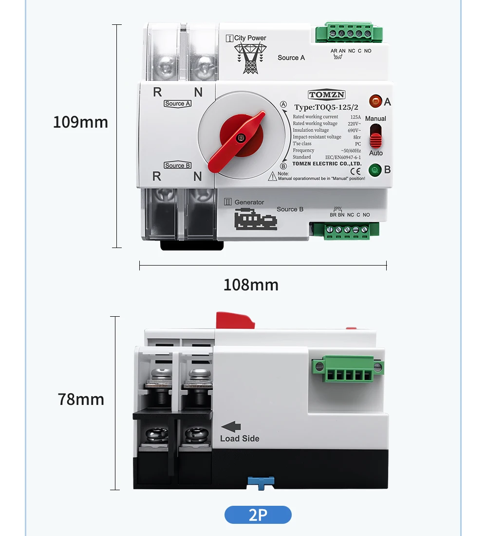 TOMZN Din Rail 2P 3P 4P ATS Dual Power Automatic Transfer Switch Electrical Selector Switches Uninterrupted Power 63A 100A 125A
