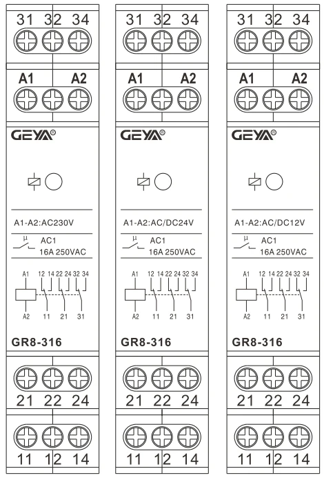 GEYA GR8-116 Intermediate Relay Auxiliary Relay AC DC 12V 24V 48V 110V 230V Switch Relay 16A ROHS Approval