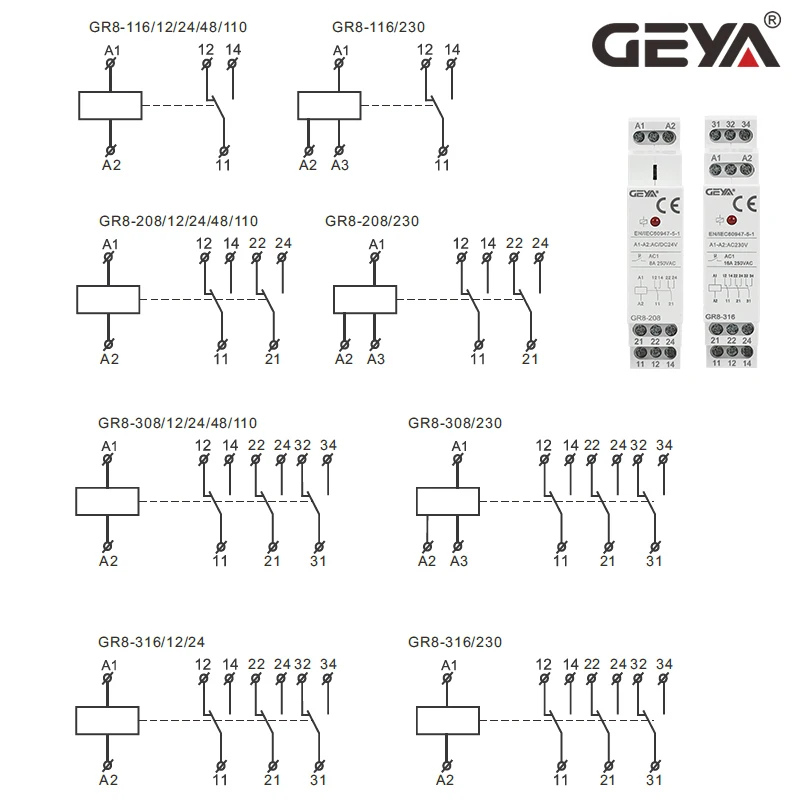 GEYA GR8-116 Intermediate Relay Auxiliary Relay AC DC 12V 24V 48V 110V 230V Switch Relay 16A ROHS Approval