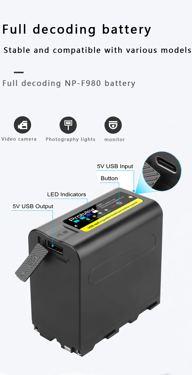Probty 10800mAh NP-F980 NP-F970 NPF960 NP F970 Battery with USB Charge Output For Sony PLM-100 CCD-TRV35 MVC-FD91 MC1500C