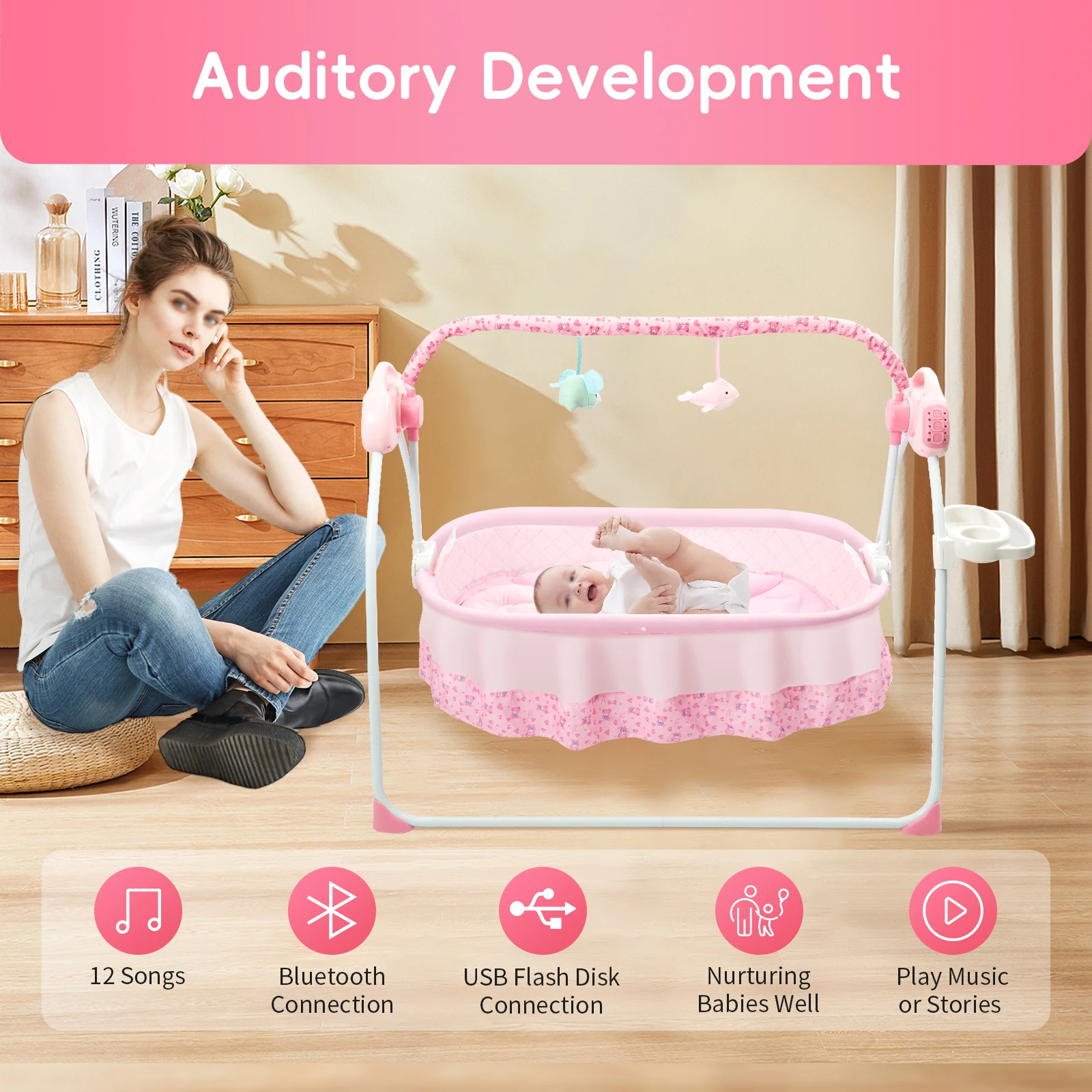 Baby Swing Electric Rocker with 12 Songs Bluetooth USB 5 Swing Speeds for Infant Toddler Bedtime Soothing Without Battery