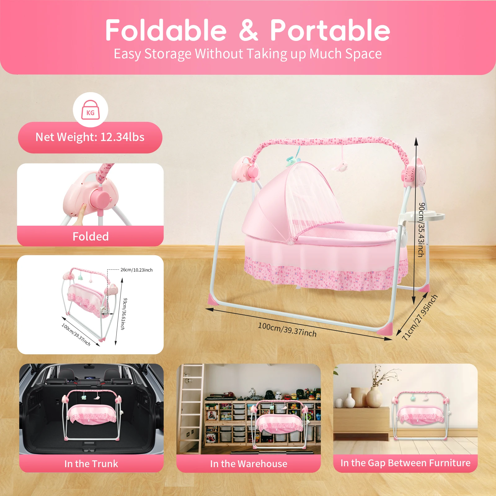 Baby Swing Electric Rocker with 12 Songs Bluetooth USB 5 Swing Speeds for Infant Toddler Bedtime Soothing Without Battery