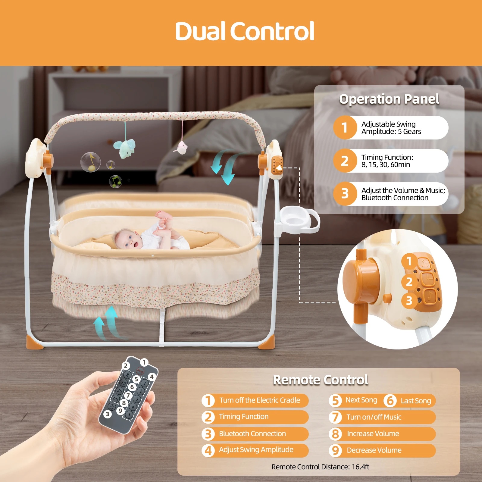 Baby Swing Electric Rocker with 12 Songs Bluetooth USB 5 Swing Speeds for Infant Toddler Bedtime Soothing Without Battery