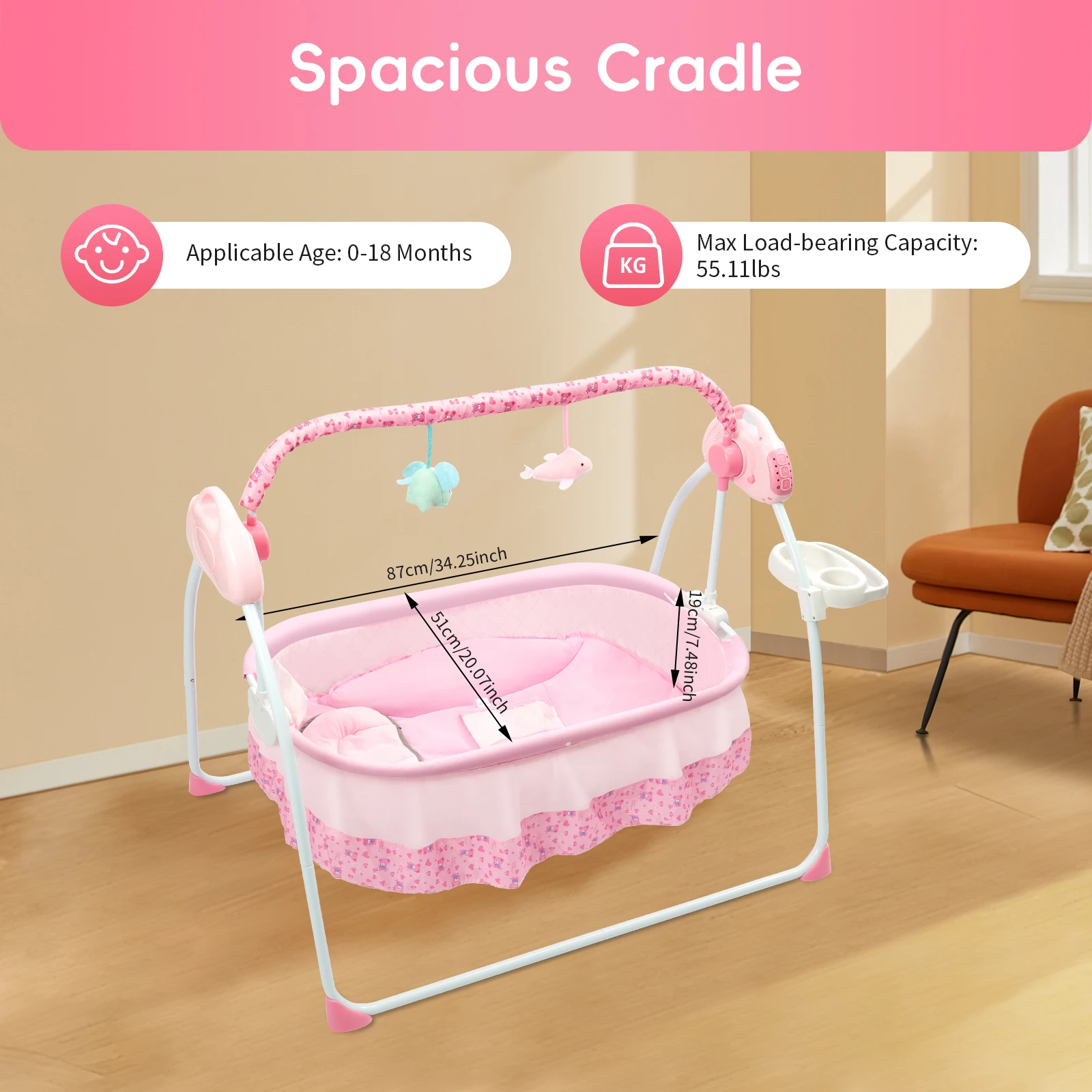 Baby Swing Electric Rocker with 12 Songs Bluetooth USB 5 Swing Speeds for Infant Toddler Bedtime Soothing Without Battery