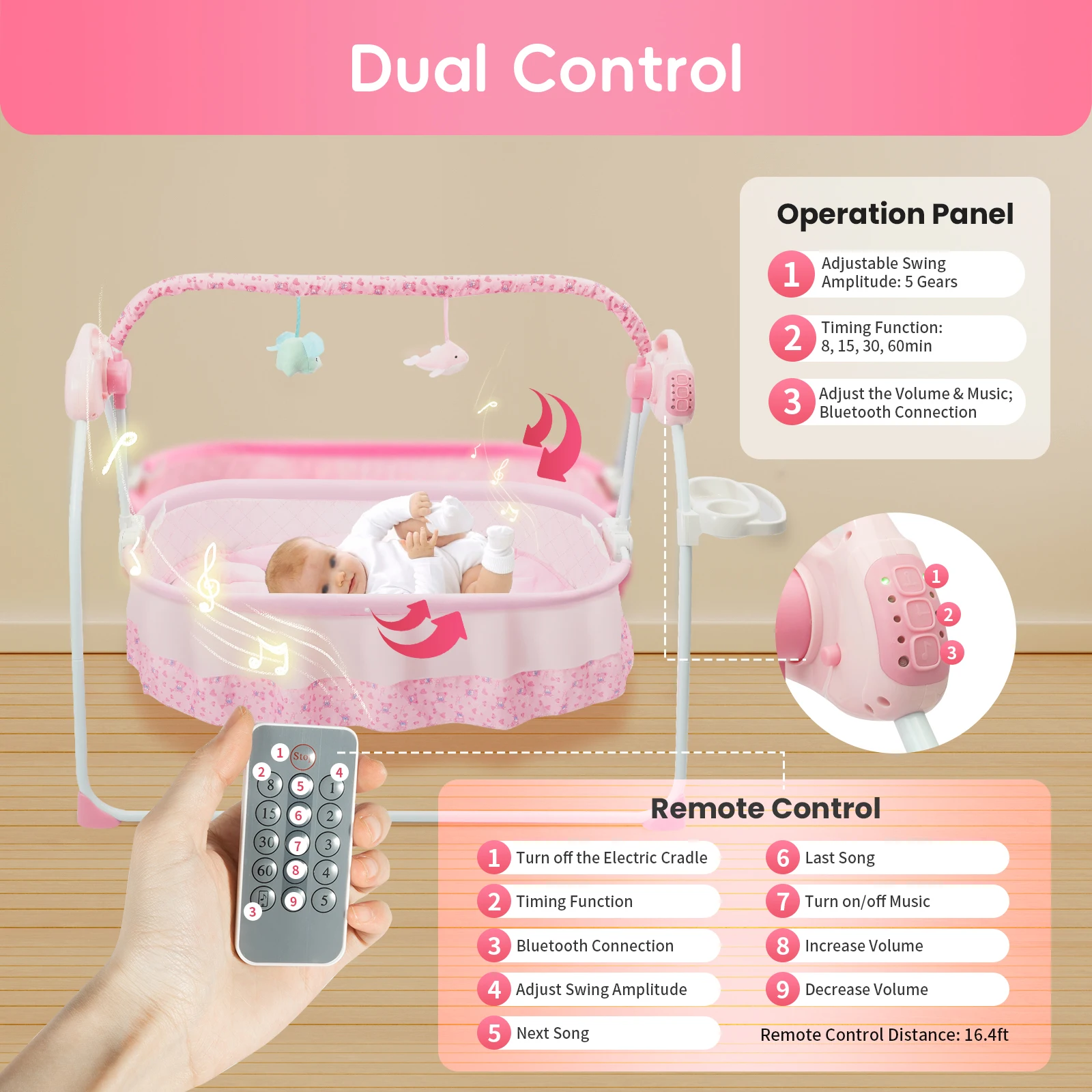 Baby Swing Electric Rocker with 12 Songs Bluetooth USB 5 Swing Speeds for Infant Toddler Bedtime Soothing Without Battery