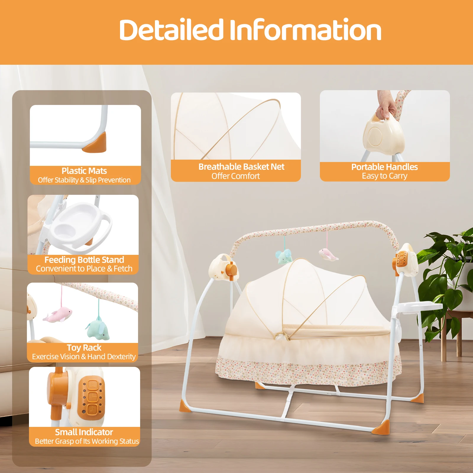 Baby Swing Electric Rocker with 12 Songs Bluetooth USB 5 Swing Speeds for Infant Toddler Bedtime Soothing Without Battery