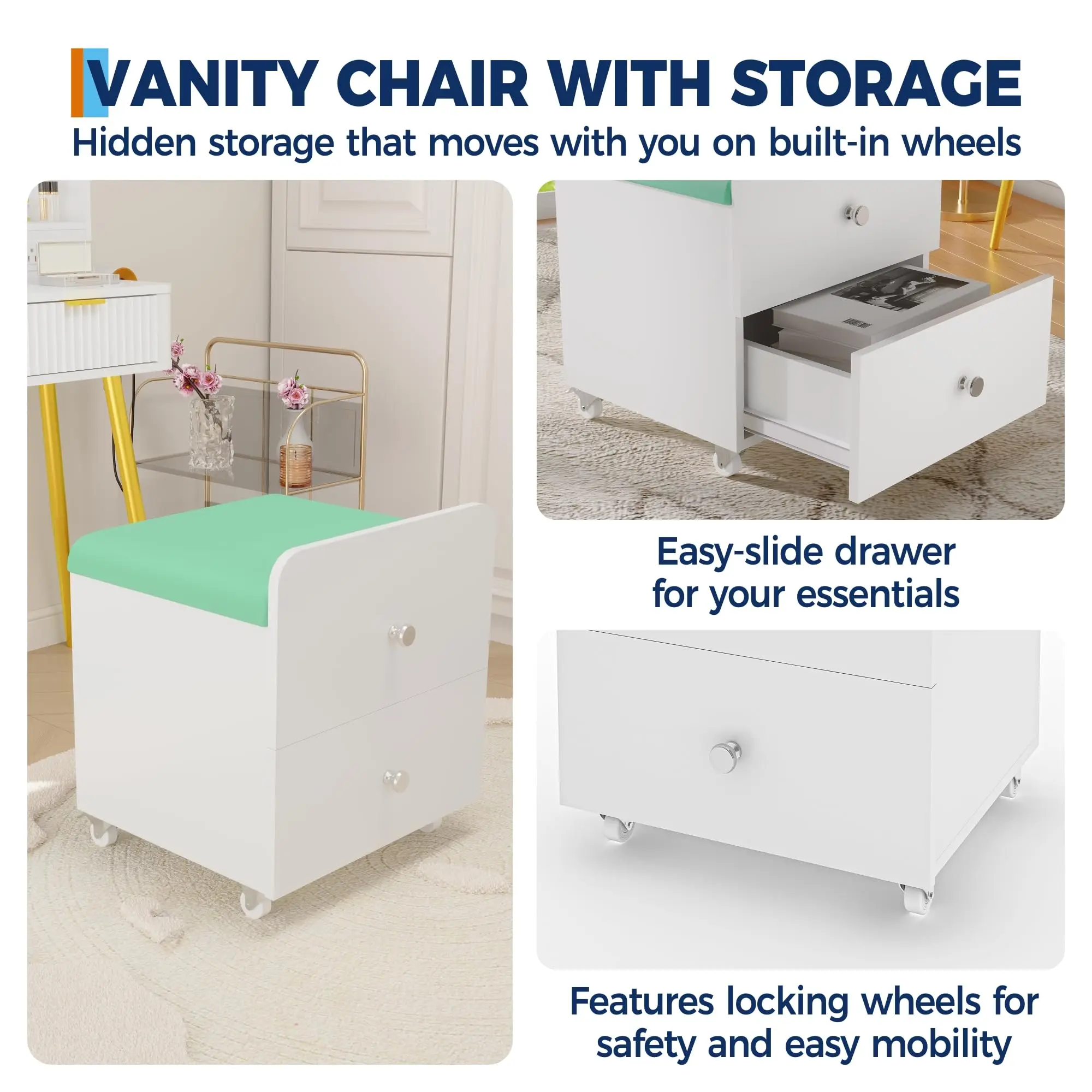 Vanity Stool Chair with Storage, Square Makeup Vanity Stool Side Table with Storage Drawer, Padded Seat for Bedroom, Living Room