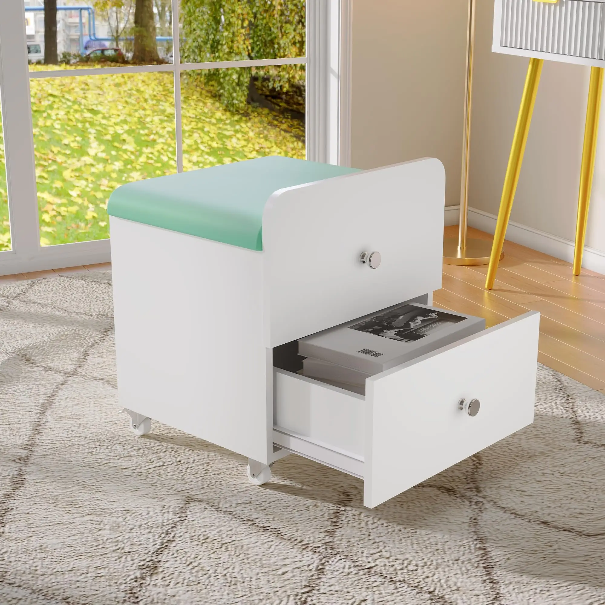 Vanity Stool Chair with Storage, Square Makeup Vanity Stool Side Table with Storage Drawer, Padded Seat for Bedroom, Living Room