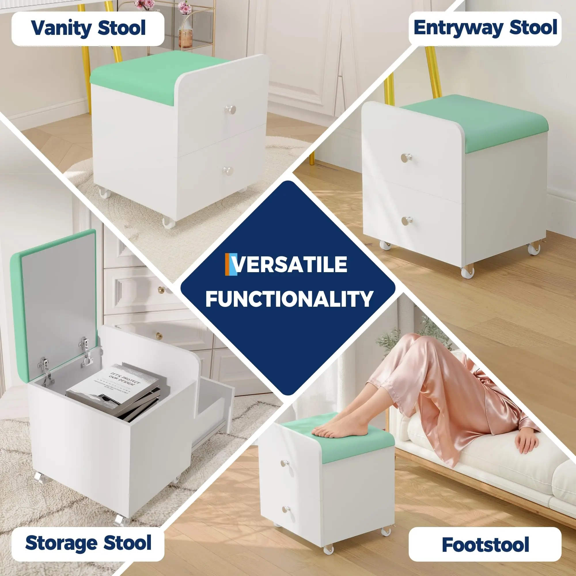 Vanity Stool Chair with Storage, Square Makeup Vanity Stool Side Table with Storage Drawer, Padded Seat for Bedroom, Living Room
