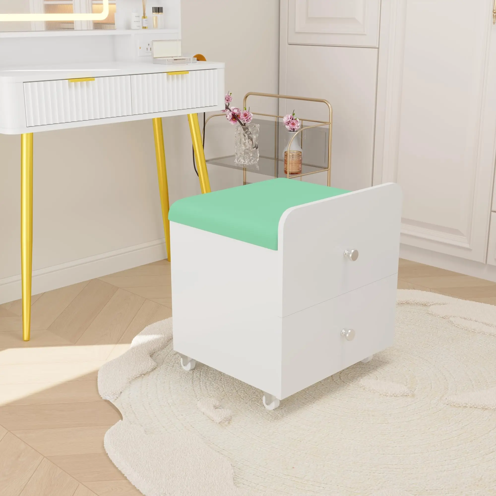 Vanity Stool Chair with Storage, Square Makeup Vanity Stool Side Table with Storage Drawer, Padded Seat for Bedroom, Living Room