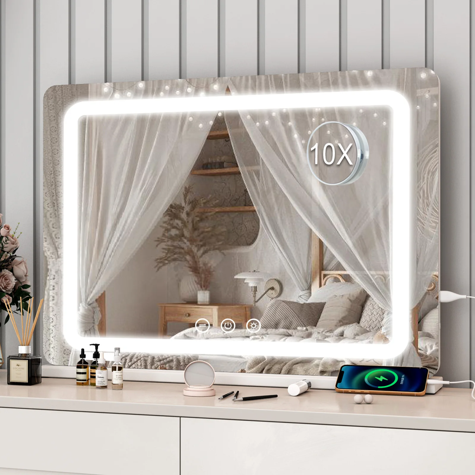 80CM Large LED Hollywood Vanity Mirror 3 Color Dimmable Touch Control CRI≥90 Light Strip Make Up Mirror for Dressing Table