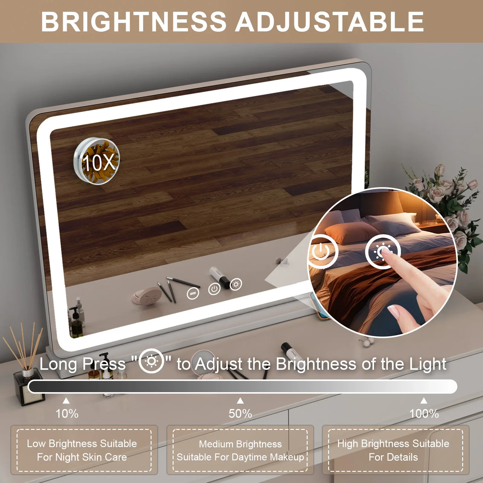 80CM Large LED Hollywood Vanity Mirror 3 Color Dimmable Touch Control CRI≥90 Light Strip Make Up Mirror for Dressing Table
