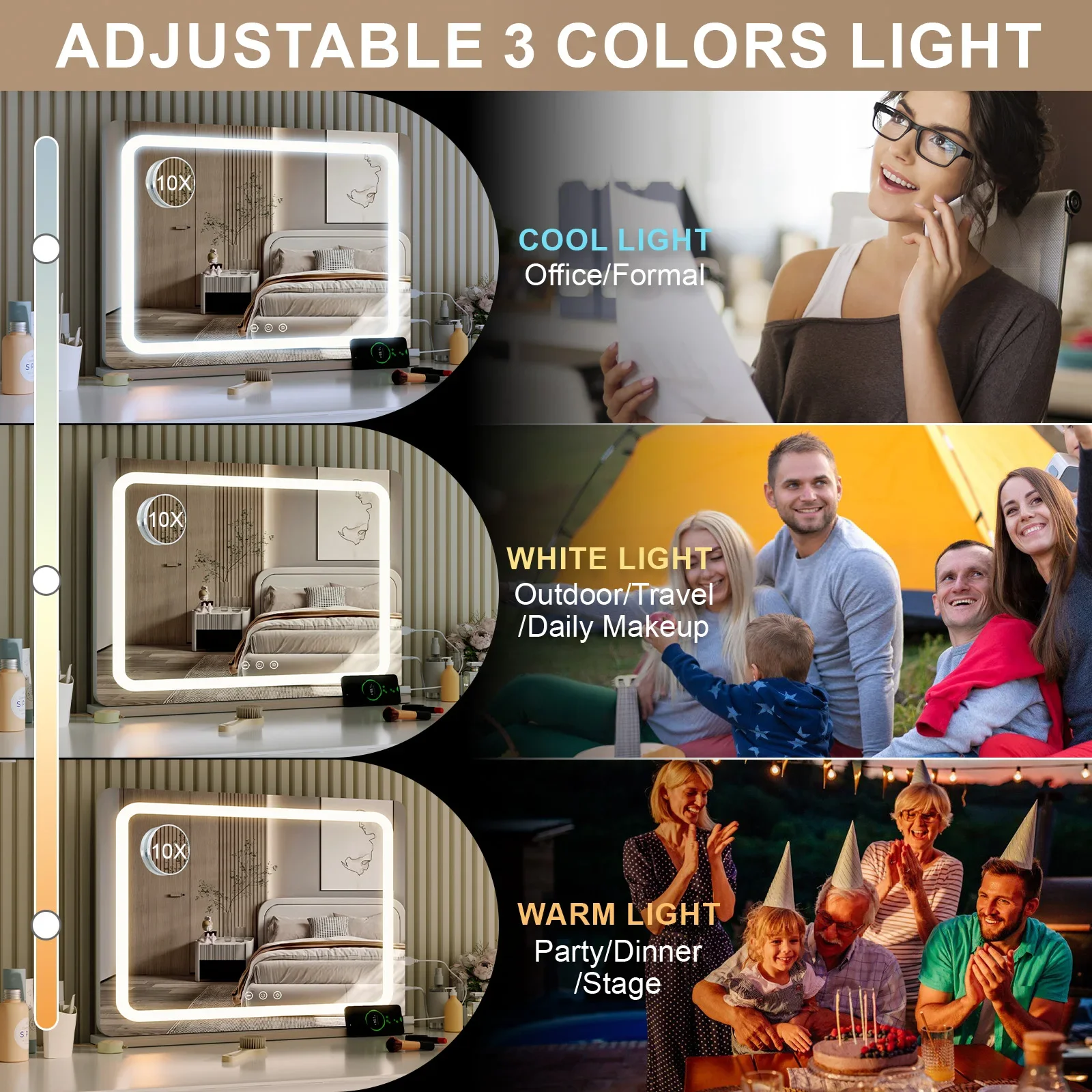 80CM Large LED Hollywood Vanity Mirror 3 Color Dimmable Touch Control CRI≥90 Light Strip Make Up Mirror for Dressing Table
