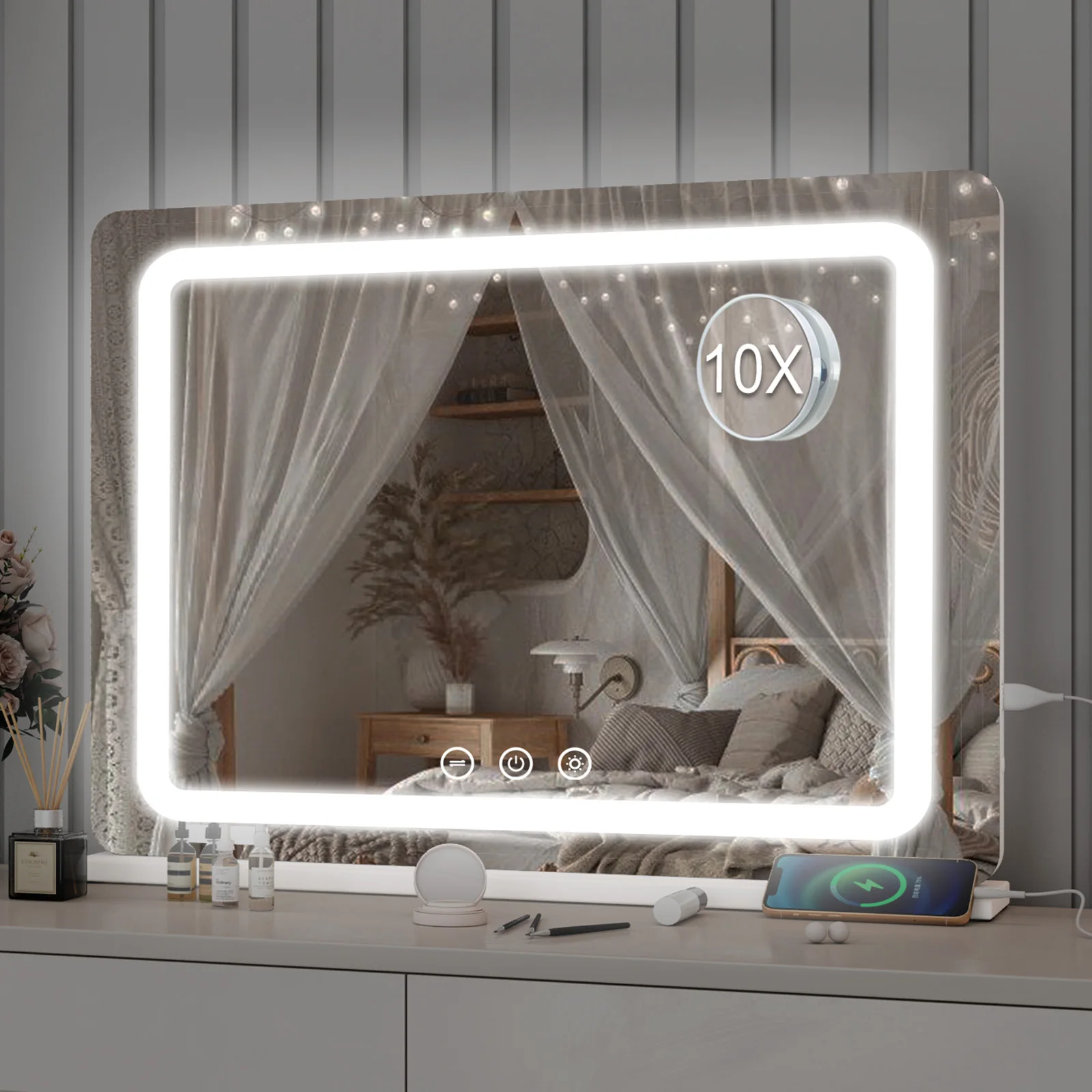 80CM Large LED Hollywood Vanity Mirror 3 Color Dimmable Touch Control CRI≥90 Light Strip Make Up Mirror for Dressing Table