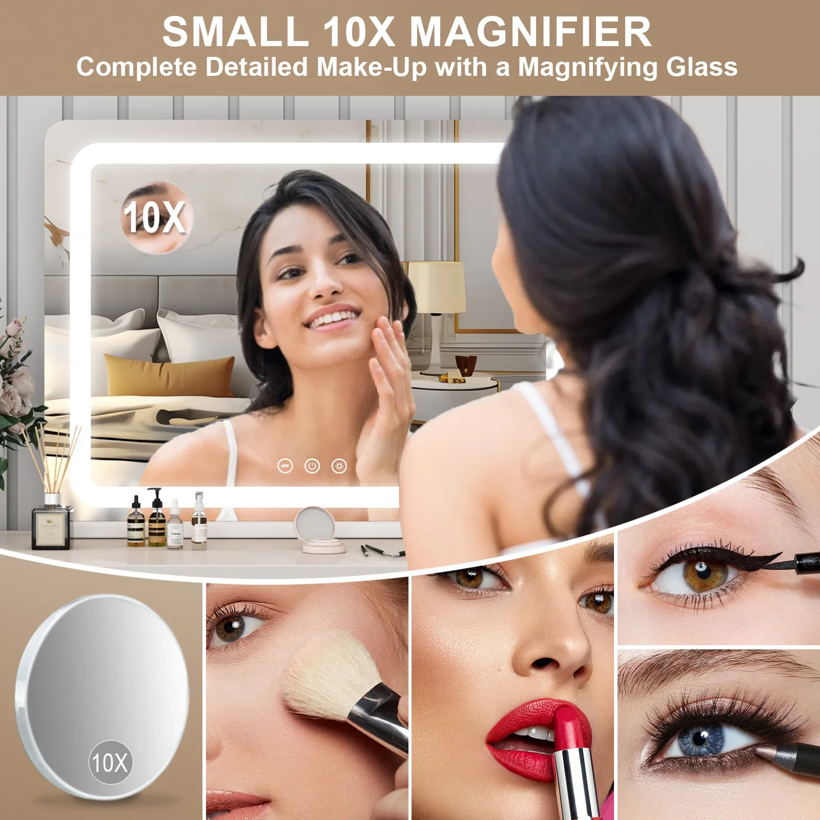 80CM Large LED Hollywood Vanity Mirror 3 Color Dimmable Touch Control CRI≥90 Light Strip Make Up Mirror for Dressing Table