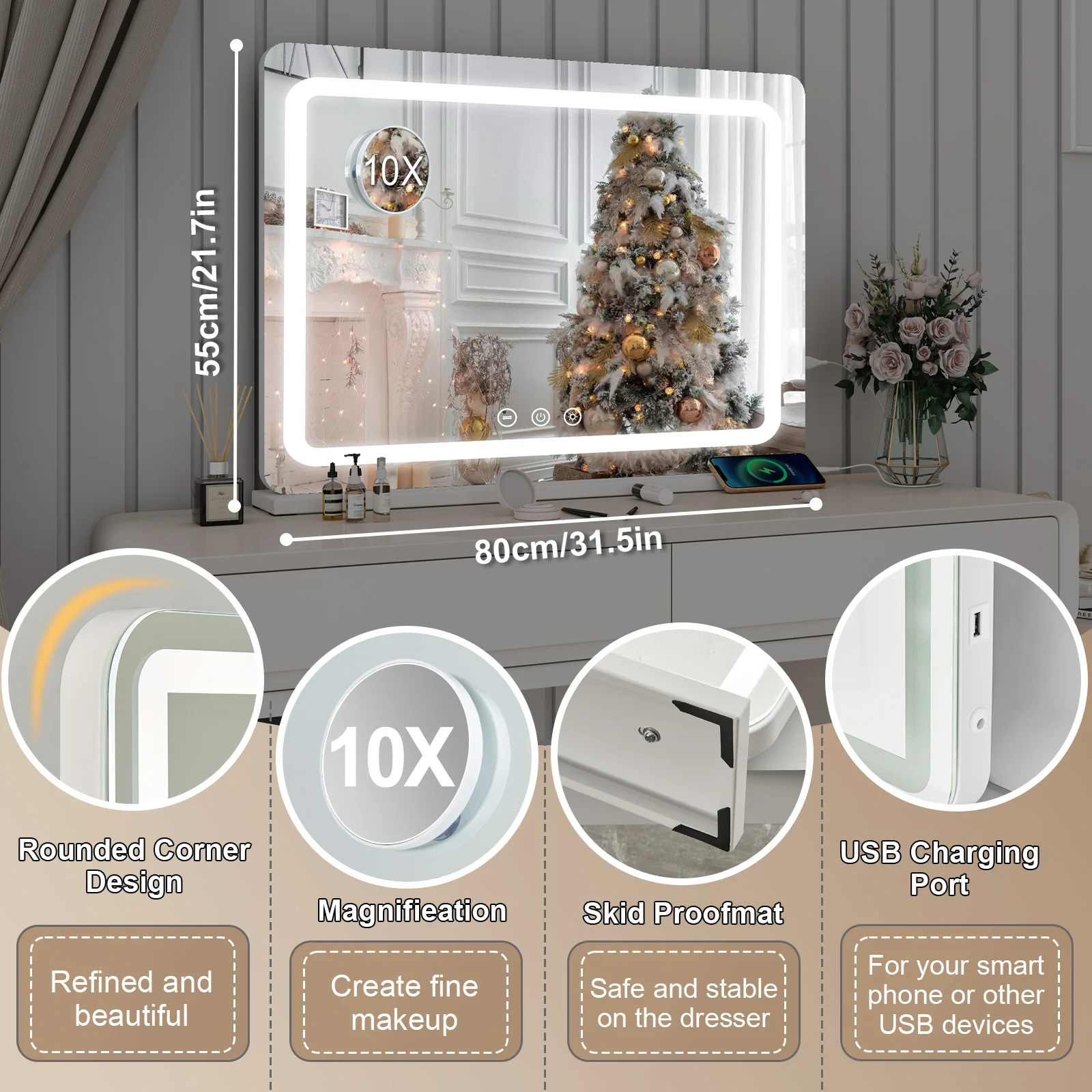 80CM Large LED Hollywood Vanity Mirror 3 Color Dimmable Touch Control CRI≥90 Light Strip Make Up Mirror for Dressing Table