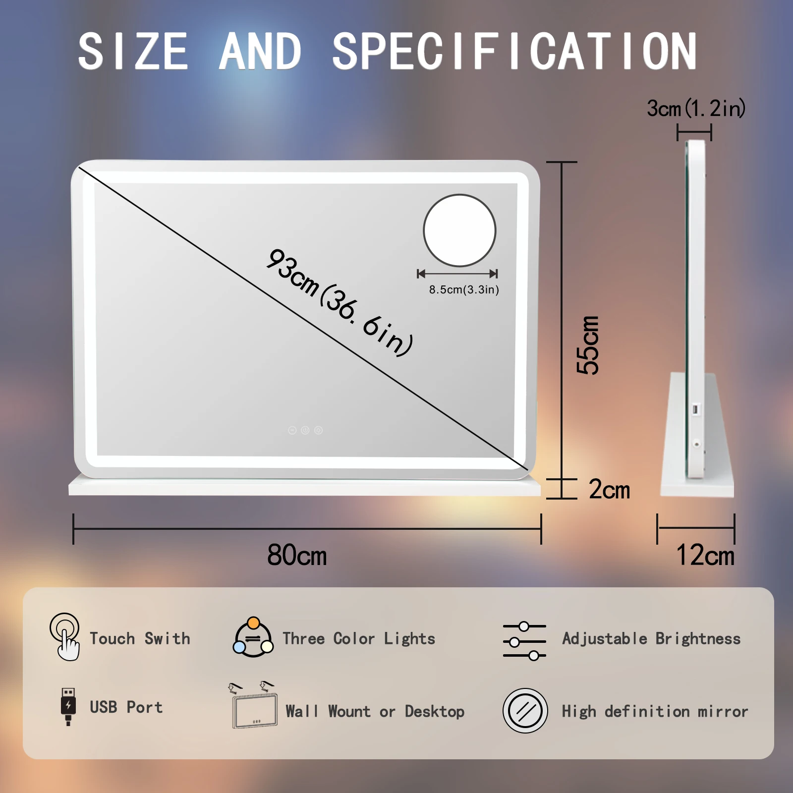 80CM Large LED Hollywood Vanity Mirror 3 Color Dimmable Touch Control CRI≥90 Light Strip Make Up Mirror for Dressing Table