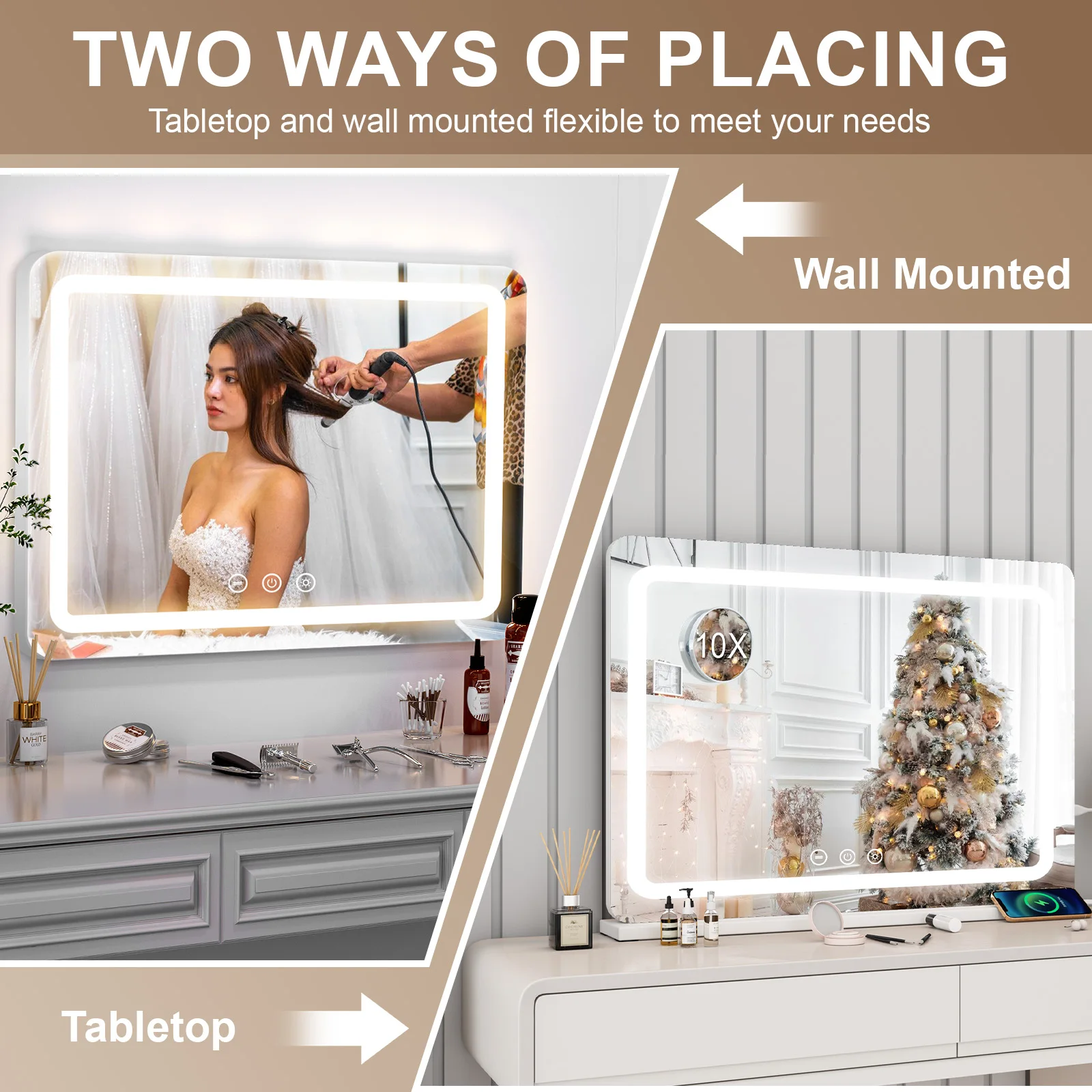 80CM Large LED Hollywood Vanity Mirror 3 Color Dimmable Touch Control CRI≥90 Light Strip Make Up Mirror for Dressing Table