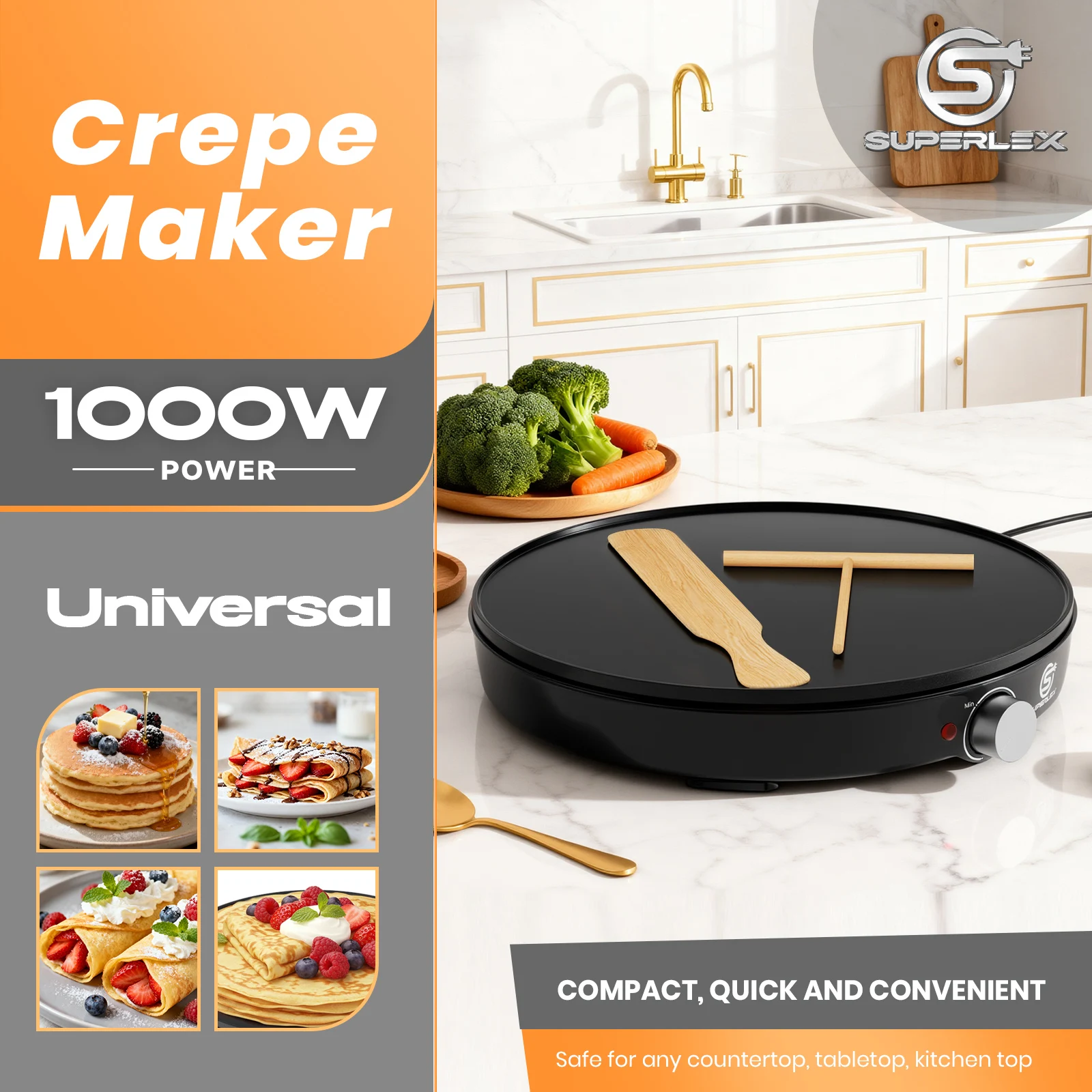SUPERLEX Electric Crepe Maker 1000W 30cm Non-Stick Pancake Griddle, Adjustable Temperature Control LED Ready Light, Includes Batter Spreader & Spatula, Portable Crepe Pan for Home Making Crepes Blintzes Pancakes