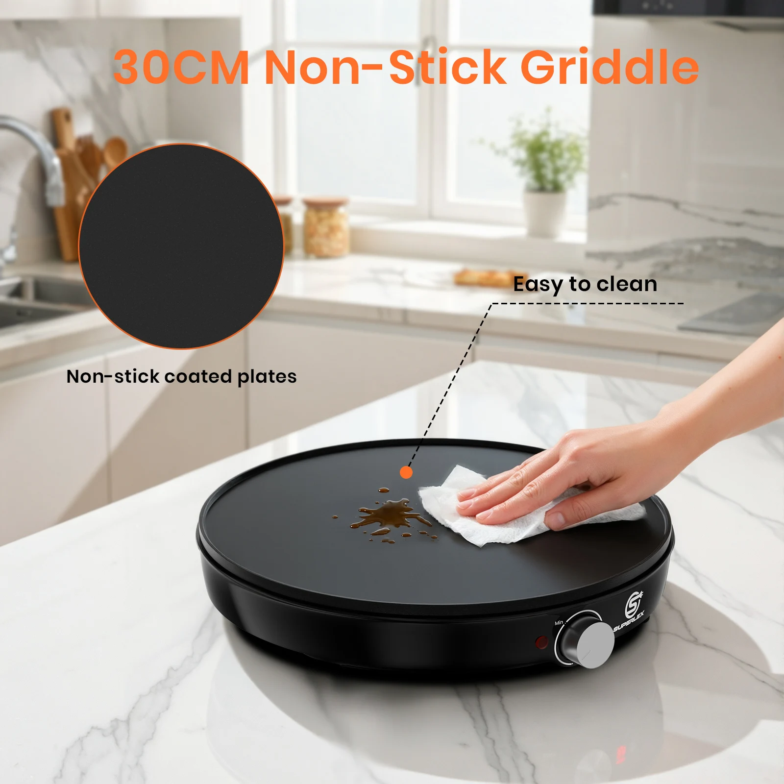SUPERLEX Electric Crepe Maker 1000W 30cm Non-Stick Pancake Griddle, Adjustable Temperature Control LED Ready Light, Includes Batter Spreader & Spatula, Portable Crepe Pan for Home Making Crepes Blintzes Pancakes