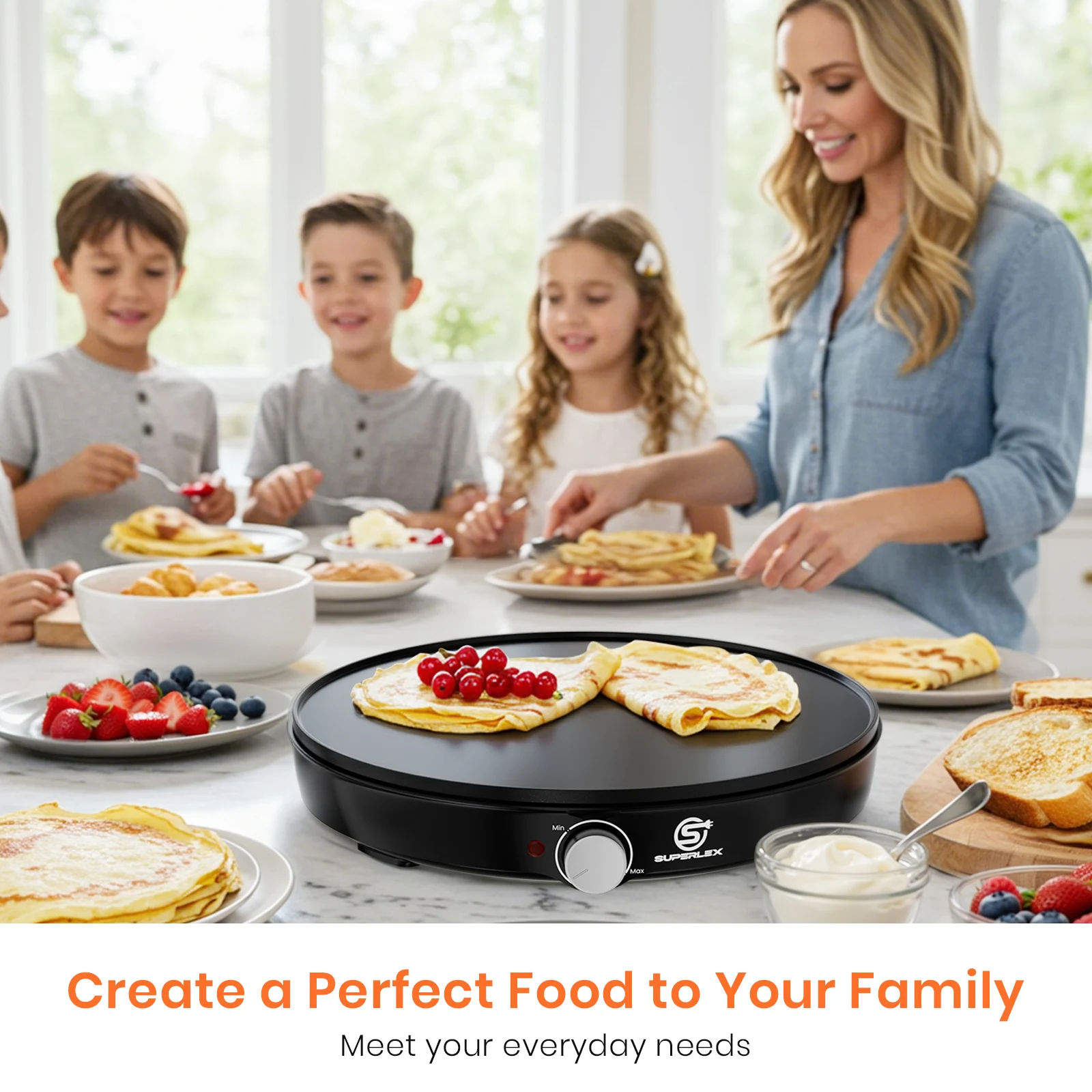 SUPERLEX Electric Crepe Maker 1000W 30cm Non-Stick Pancake Griddle, Adjustable Temperature Control LED Ready Light, Includes Batter Spreader & Spatula, Portable Crepe Pan for Home Making Crepes Blintzes Pancakes
