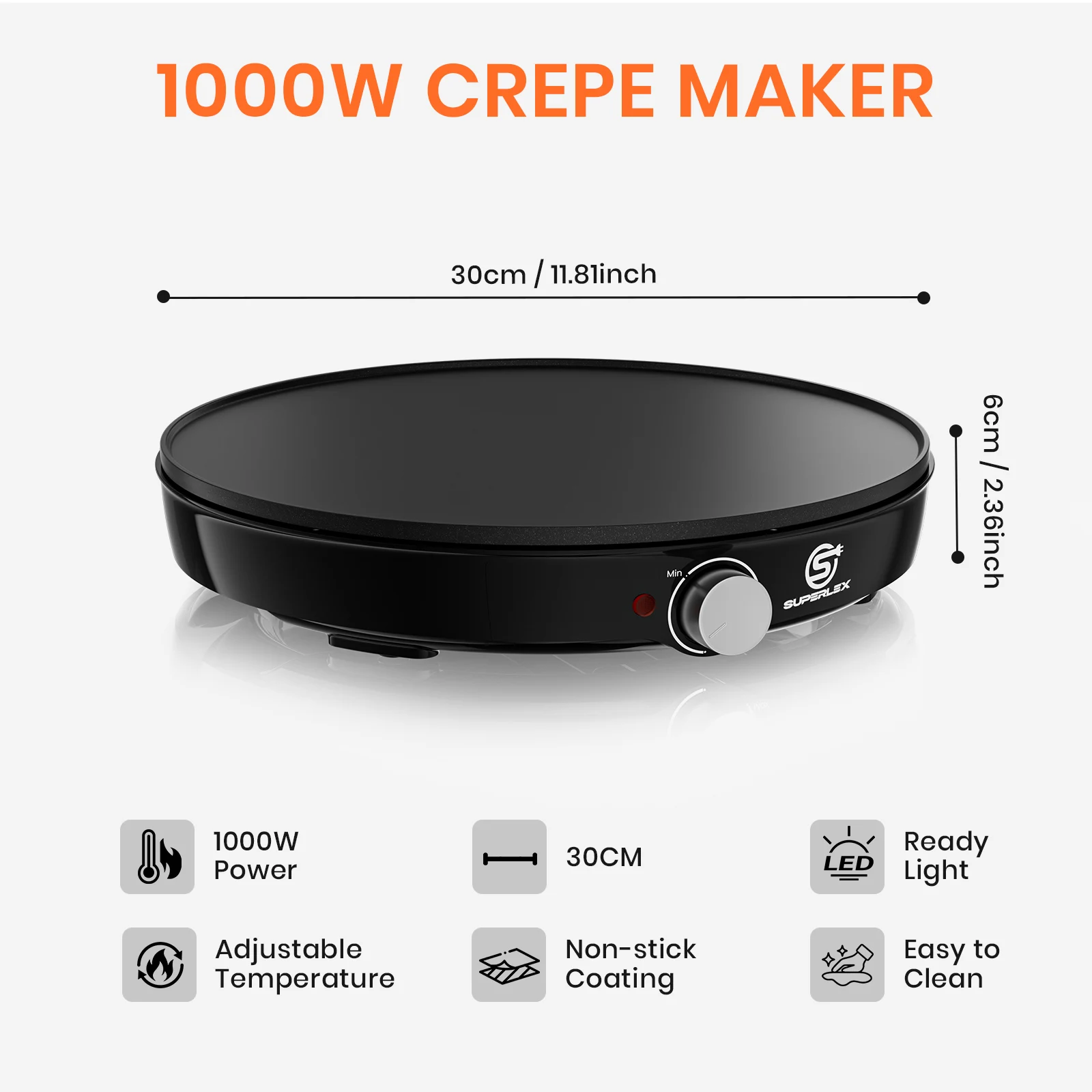 SUPERLEX Electric Crepe Maker 1000W 30cm Non-Stick Pancake Griddle, Adjustable Temperature Control LED Ready Light, Includes Batter Spreader & Spatula, Portable Crepe Pan for Home Making Crepes Blintzes Pancakes