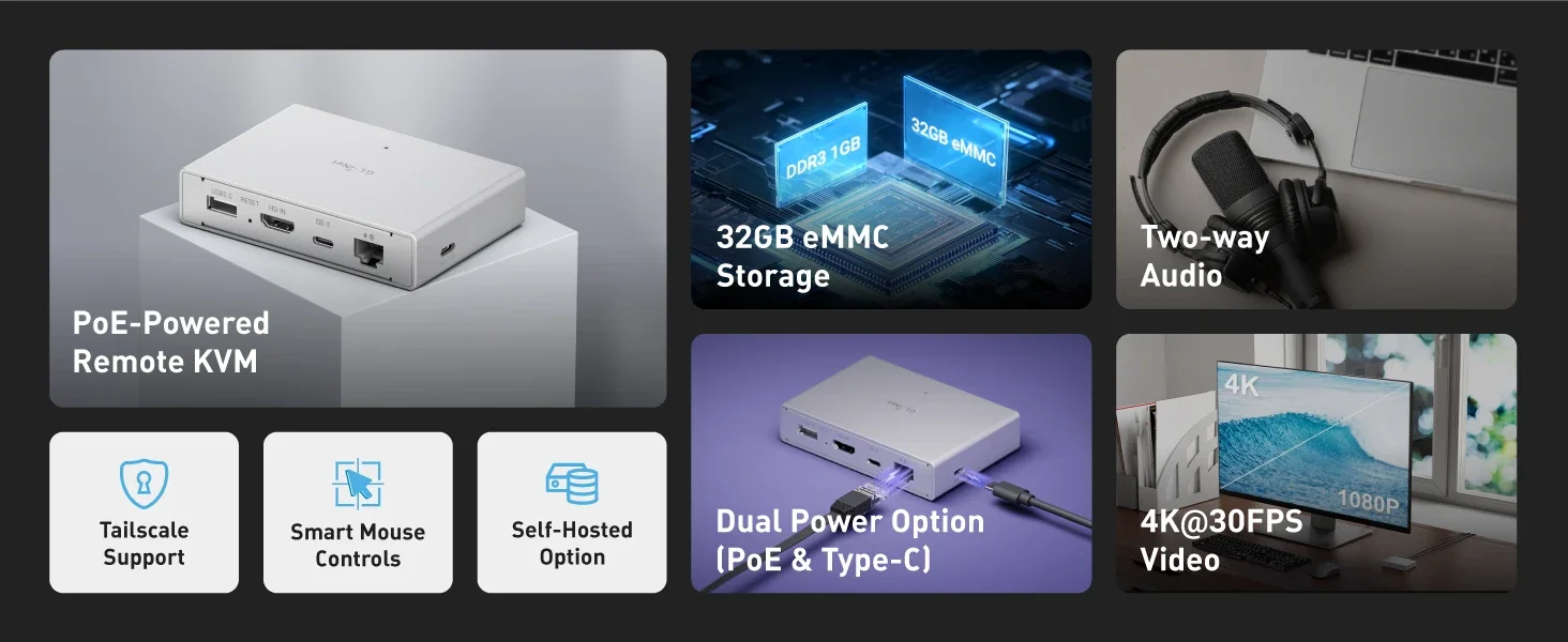 GL.iNet Comet PoE GL-RM1PE Remote KVM Control Over Internet - PoE/Type - C Dual Power Option 4K@30Hz,32GB EMMC Tailscale Support for PC Server Remote Access Power Management Adapted KVM Switches