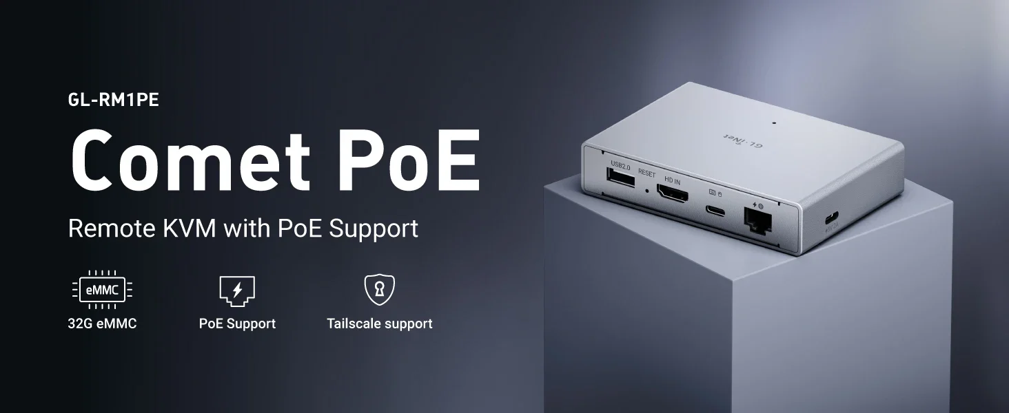 GL.iNet Comet PoE GL-RM1PE Remote KVM Control Over Internet - PoE/Type - C Dual Power Option 4K@30Hz,32GB EMMC Tailscale Support for PC Server Remote Access Power Management Adapted KVM Switches