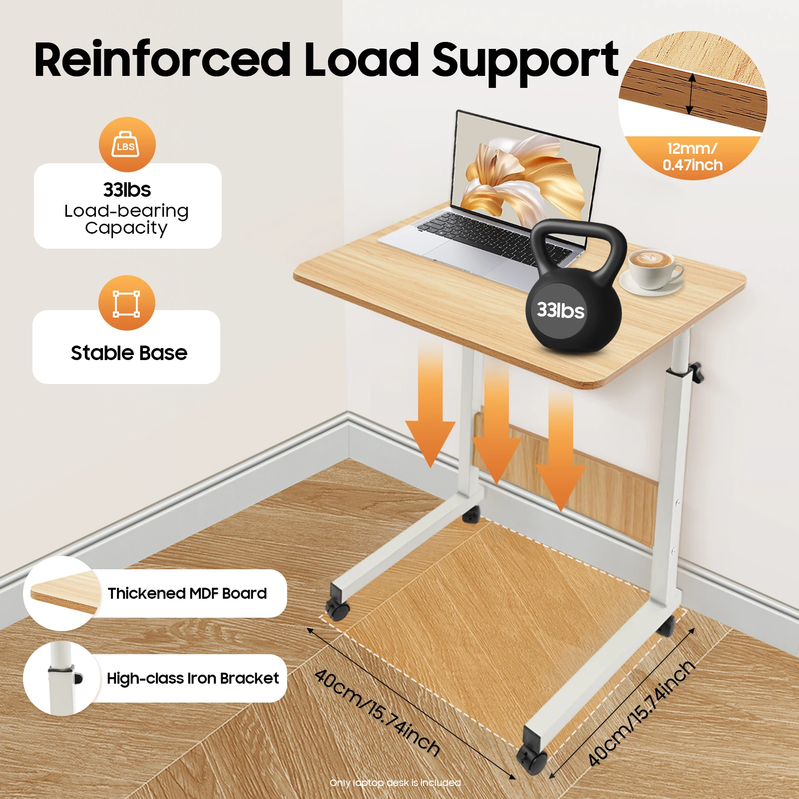 Adjustable Laptop Desk, Mobile Tabletop Stand with 4 Lockable Wheels, 15kg Load Rolling Study Table Computer Workstation
