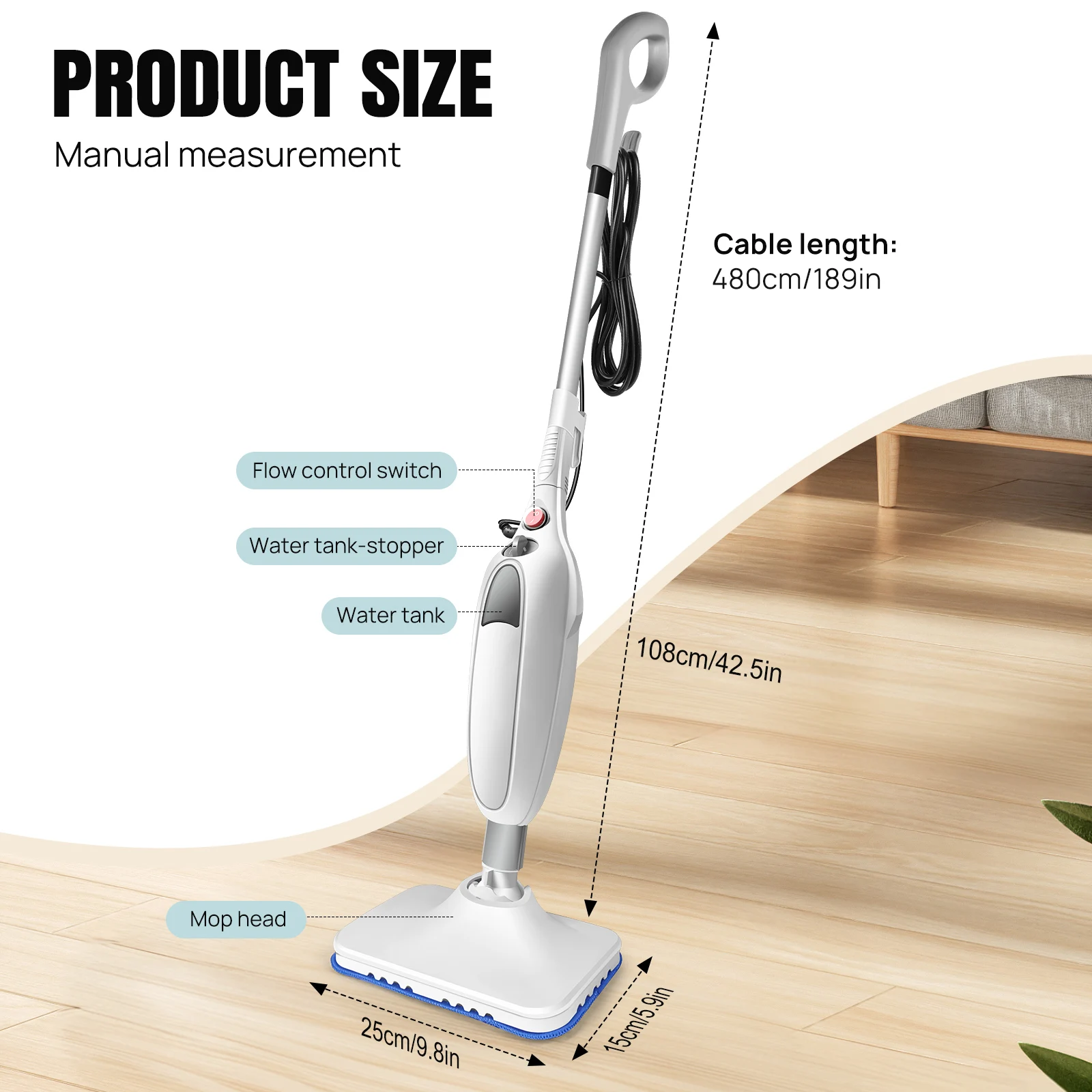 Electric Steam Mop With 400ml Water Tank,Fast Heating, High Steam Output, Cleans All Types Of Floors And Windows, Carpets
