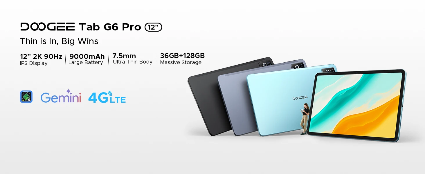 DOOGEE Tab G6 Pro Tablet PC Gemini AI Android 16 12'' 2K Display 9000mAh Battery 8GB RAM 128GB ROM Ultra-thin Body Smart Pad