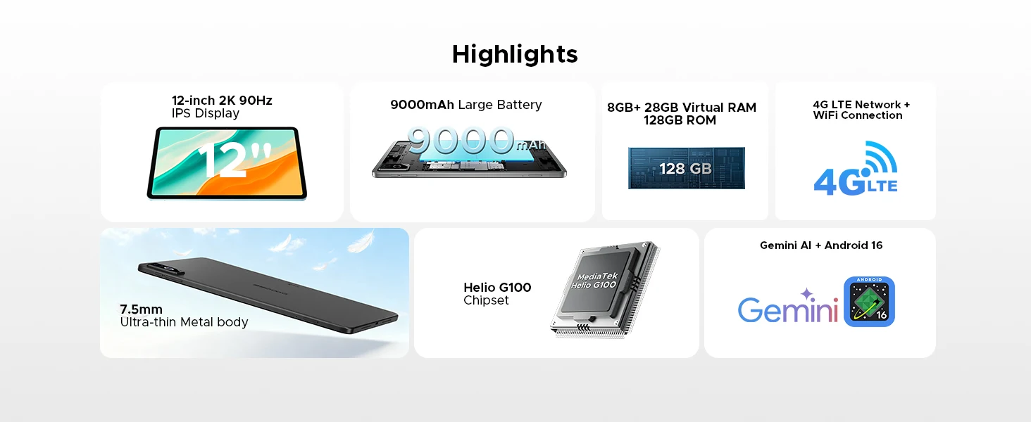 DOOGEE Tab G6 Pro Tablet PC Gemini AI Android 16 12'' 2K Display 9000mAh Battery 8GB RAM 128GB ROM Ultra-thin Body Smart Pad