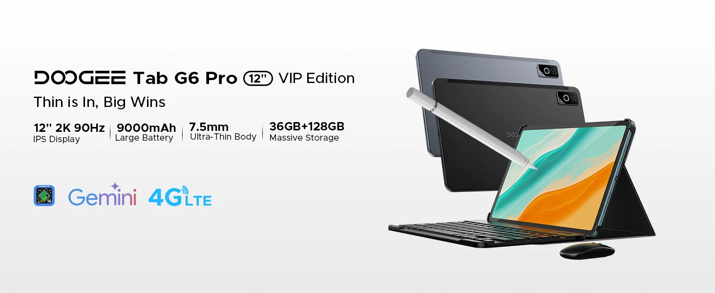 DOOGEE Tab G6 Pro Tablet PC Gemini AI Android 16 12'' 2K Display 9000mAh Battery 8GB RAM 128GB ROM Ultra-thin Body Smart Pad
