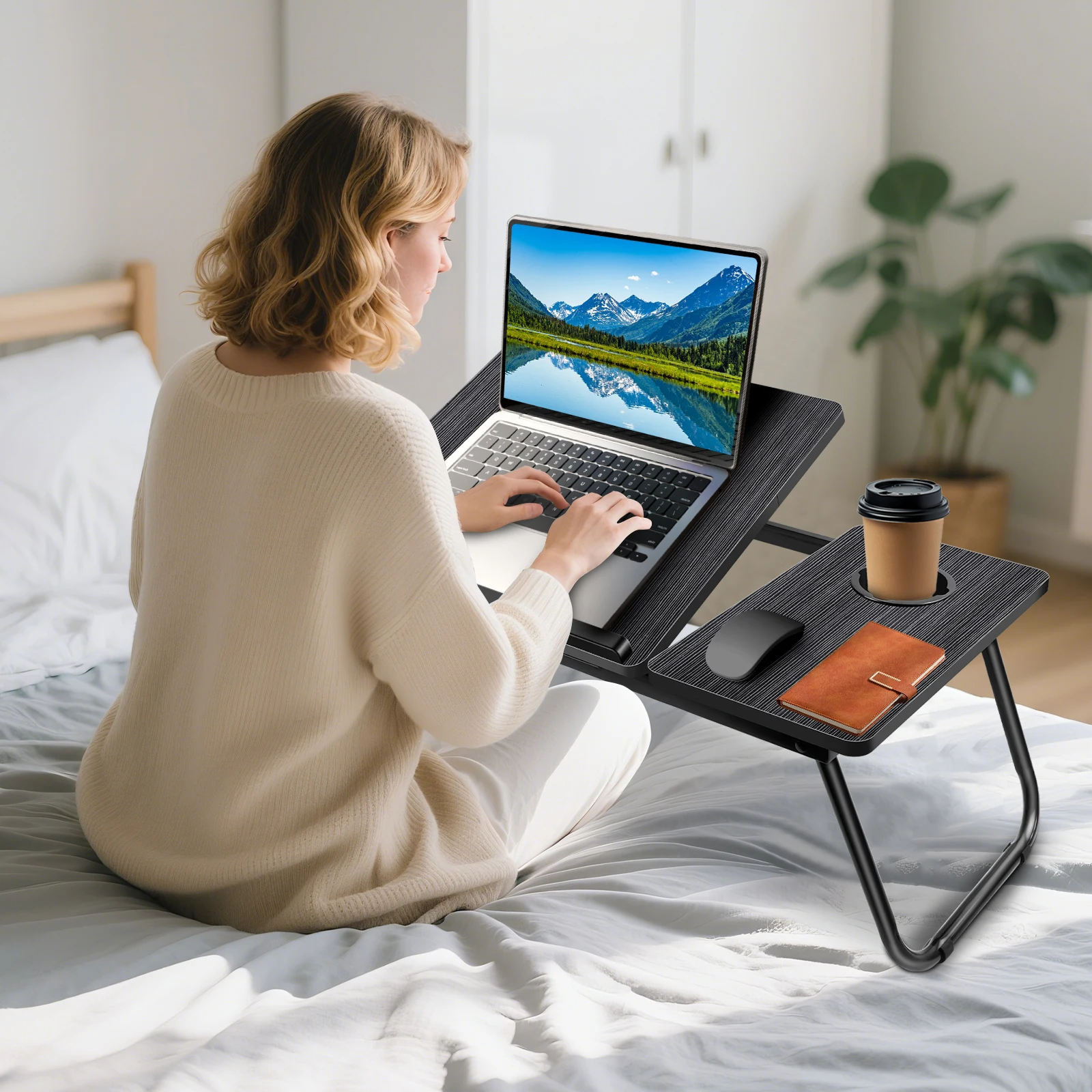 Foldable Laptop Desk Bed Table with Cup Slot & Adjustable Height Angle, Reading Holder Notebook Stand, 56x32.5cm