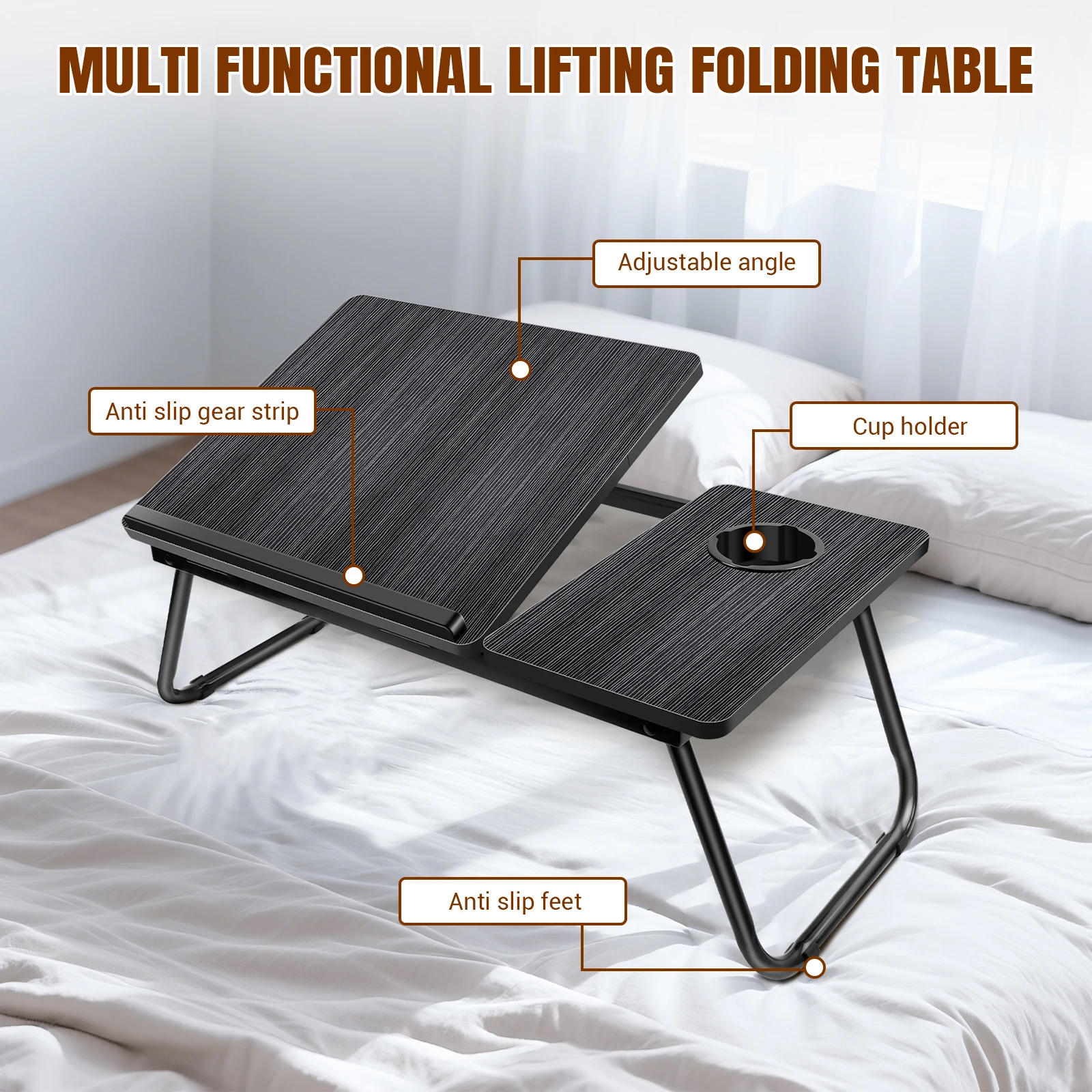 Foldable Laptop Desk Bed Table with Cup Slot & Adjustable Height Angle, Reading Holder Notebook Stand, 56x32.5cm