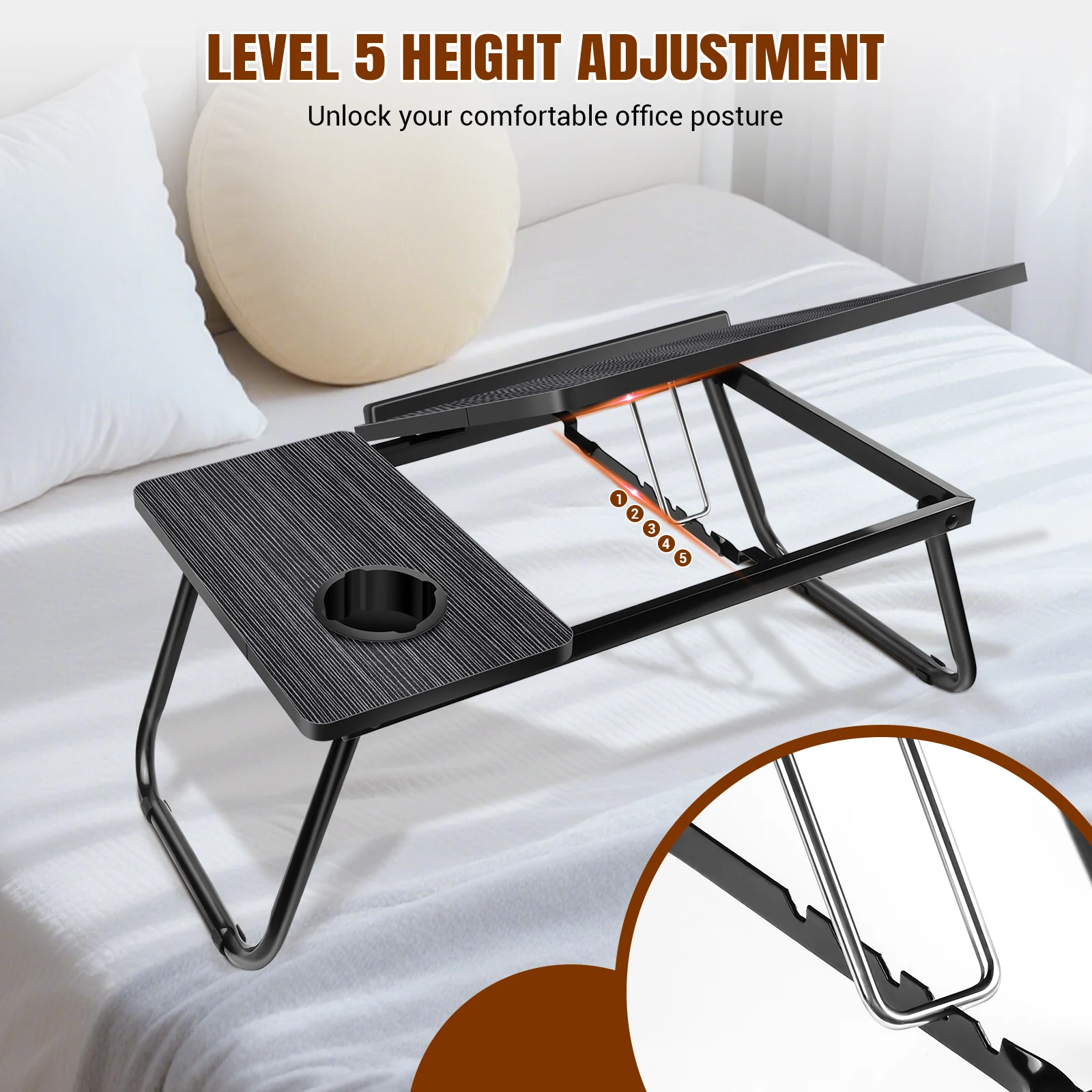 Foldable Laptop Desk Bed Table with Cup Slot & Adjustable Height Angle, Reading Holder Notebook Stand, 56x32.5cm