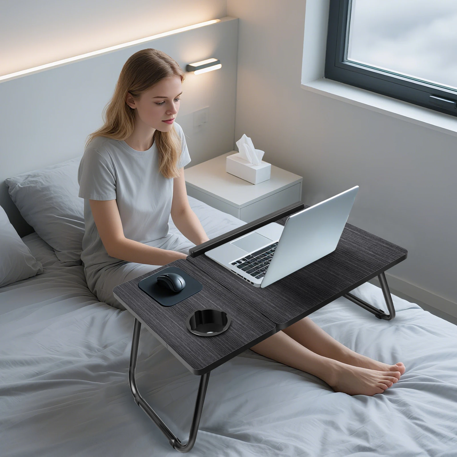 Foldable Laptop Desk Bed Table with Cup Slot & Adjustable Height Angle, Reading Holder Notebook Stand, 56x32.5cm
