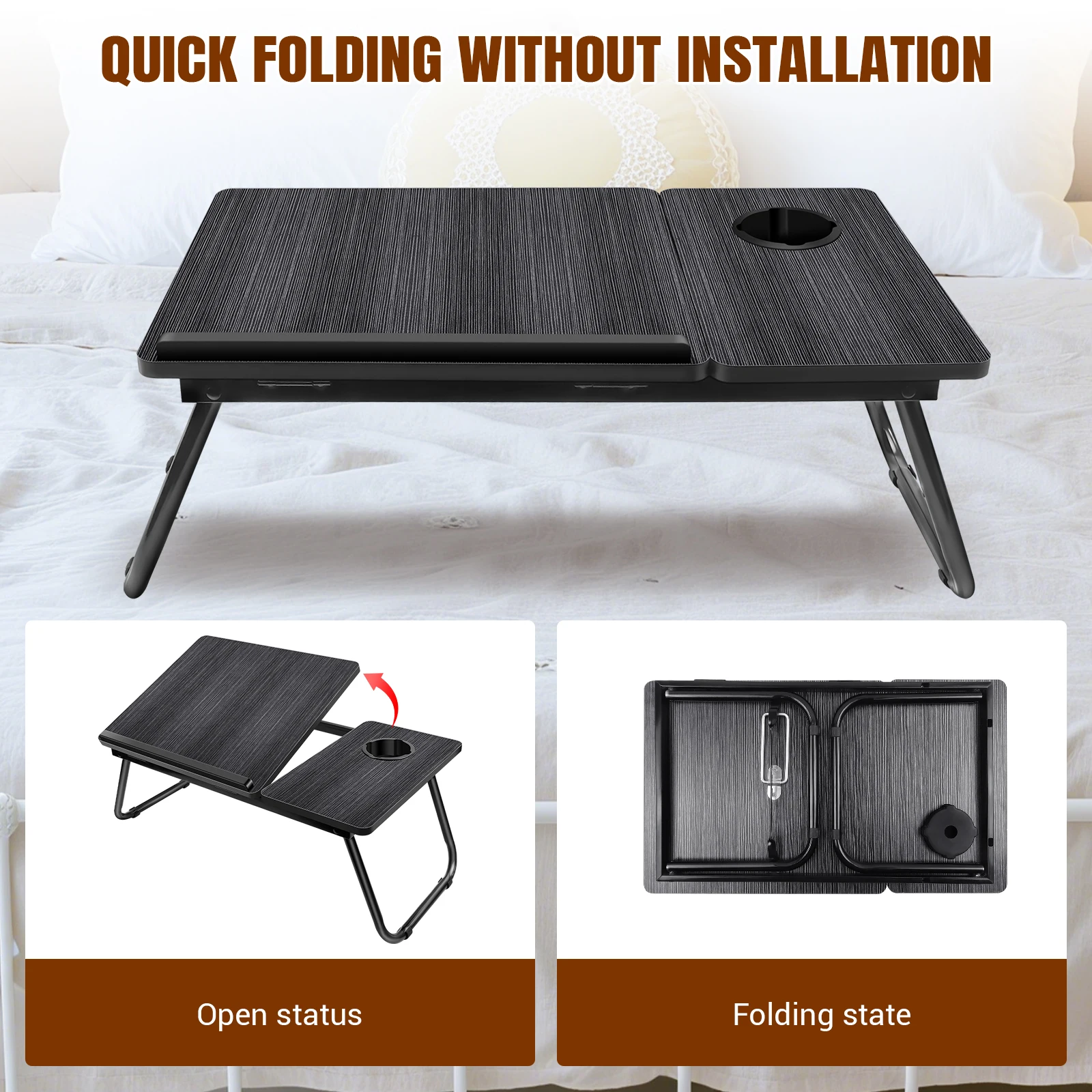 Foldable Laptop Desk Bed Table with Cup Slot & Adjustable Height Angle, Reading Holder Notebook Stand, 56x32.5cm