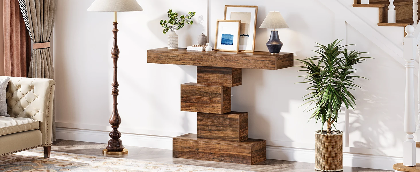 Tribesigns Rustic Console Table, 108cm Slim Wood Sofa Side Table Behind Couch with Space Saving Geometric Base, Entryway Hallway