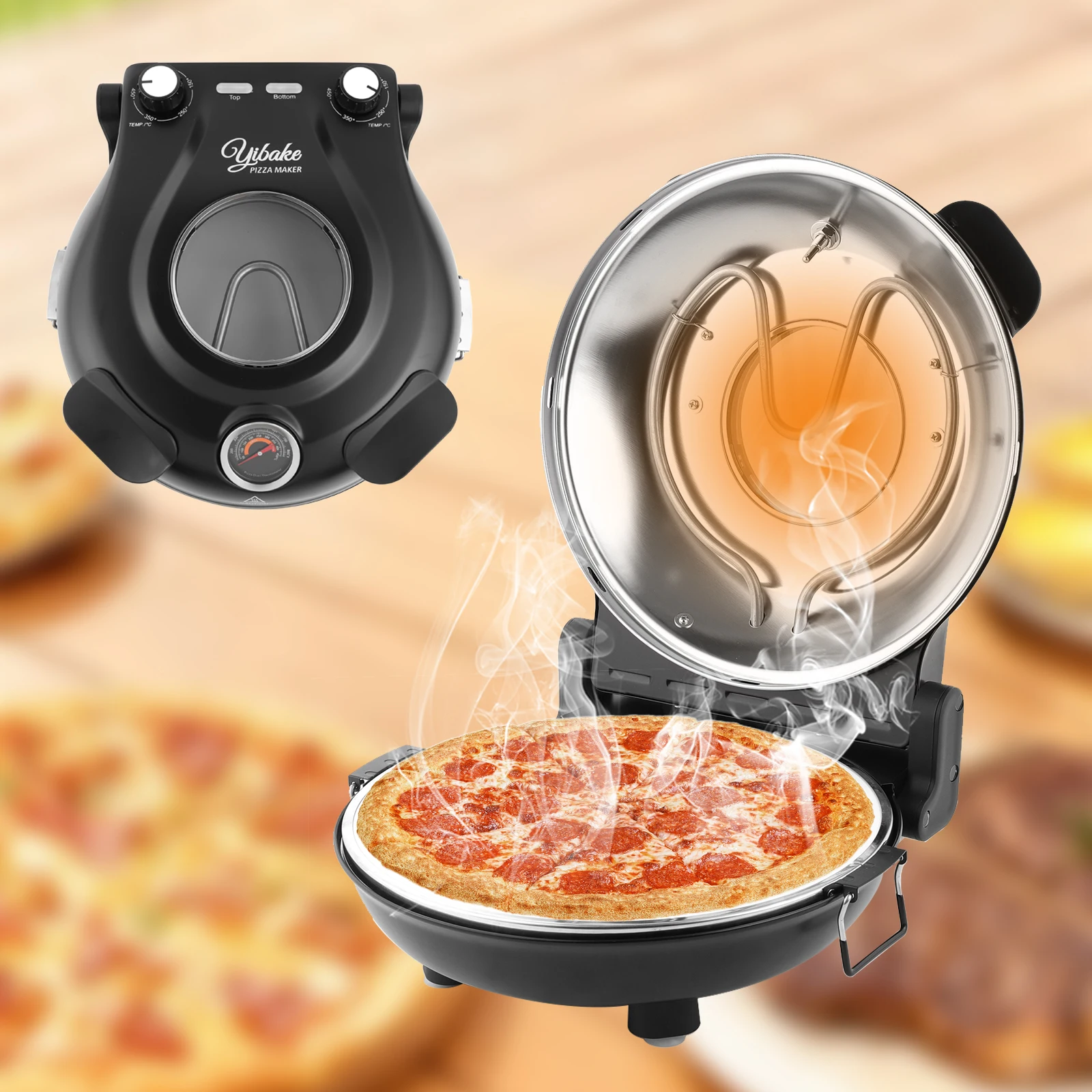 YIBAKE 12 Inch Black Electric Pizza Oven Countertop Maker Fireproof Ceramic Stone Heats up to 420℃ for Stone Baked Home Cooking